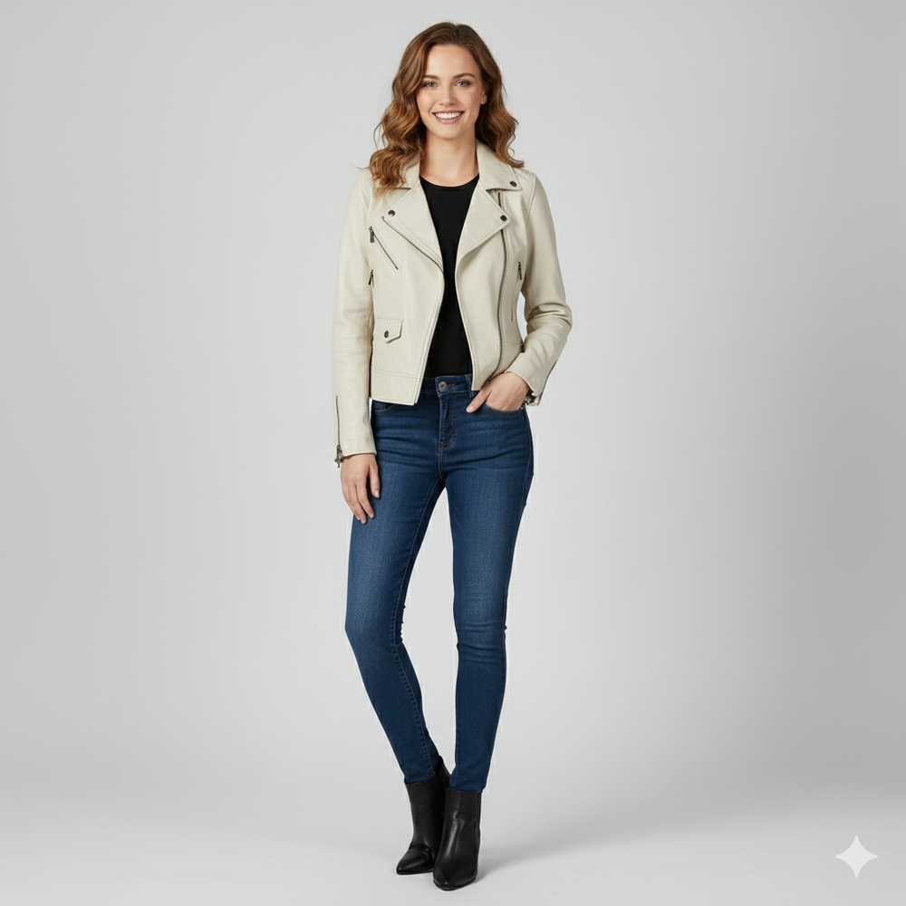 *Bod & Christensen Elegant Cream Leather Biker Jacket – Size L